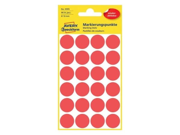 Avery 3595, Röd, Circel, papper, 24 styck, 4 ark, 1,8 cm