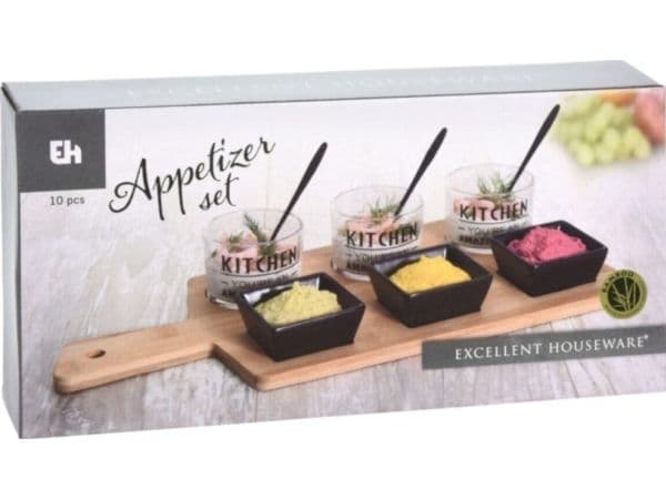 Excellent Houseware boller SET til servering av tapas på bambusbrett 10 deler