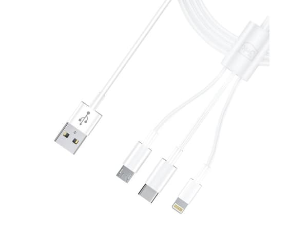 3mk kabel 3-i-1 USB-A - micro USB / Lightning / USB-C 1,2 m 20V/2,4A 15W - hvit