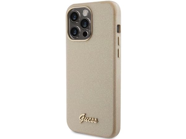 Guess Glitter Glossy Script deksel til iPhone 15 Pro - gull