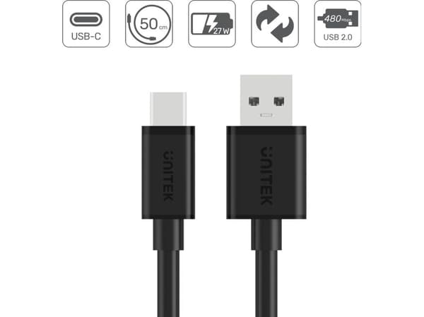 UNITEK USB-KAAPELI USB-A - USB-C 50CM, Y-C481BK