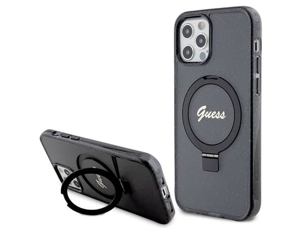 Guess Ring Stand Script Glitter MagSafe-fodral för iPhone 12/12 Pro - svart