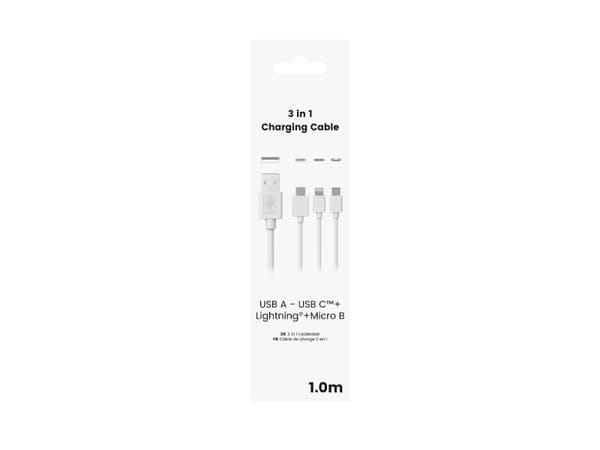 Sinox 3-i-1-kabel med Lightning, USB C och Micro USB. 1m. vit