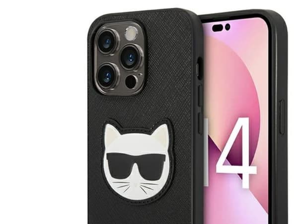 Karl Lagerfeld Saffiano Choupette Head patch-deksel til iPhone 14 Pro Max - svart