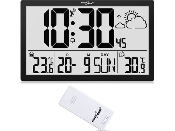 GreenBlue LCD-väggklocka extra stor GreenBlue GB218 temperatur, datum