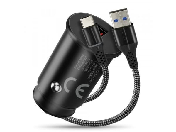 Bil-lader CC-15QC QC3.0 18W 1xUSB + USB-C-kabel 1 m