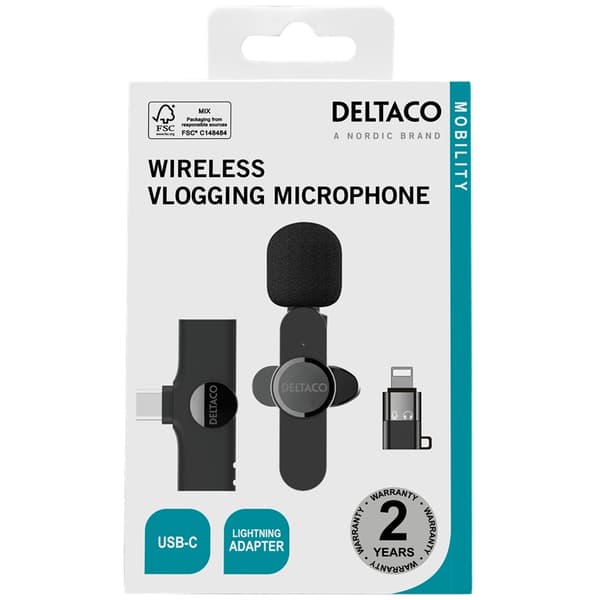 DELTACO Trådlös vlogg-mikrofon, USB-C/Lightning