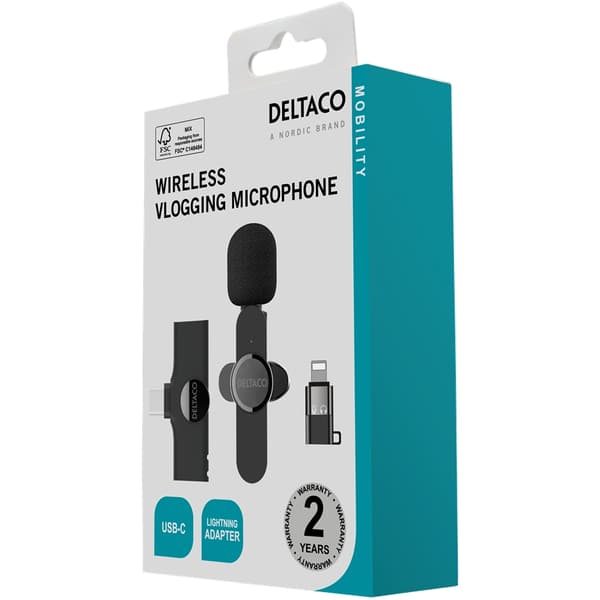 DELTACO Trådlös vlogg-mikrofon, USB-C/Lightning