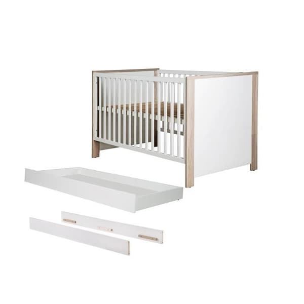 "Lit Bébé Olaf 70x140 cm - ROBA - Transformabel i junior-säng - Förvaringslåda - Vit trä / Träeffekt"