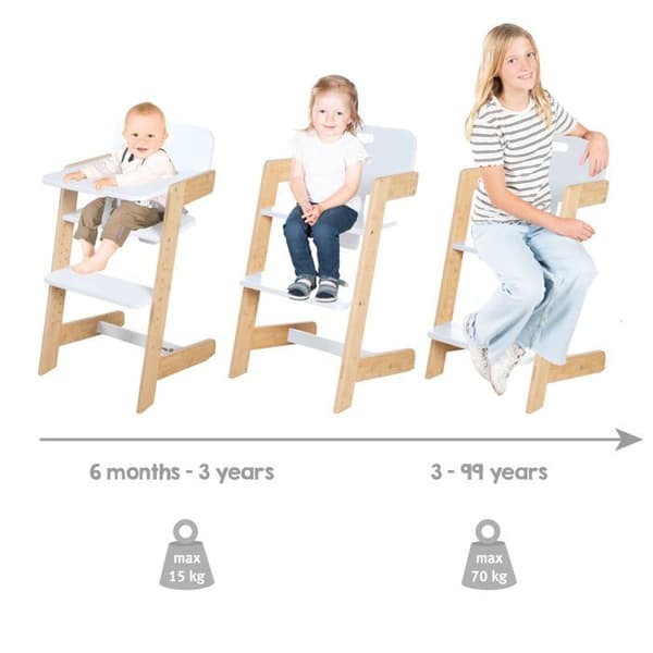 Evoluerande Hög Stol ROBA Nature Up i FSC® Bambus - Stöder 70 kg - Matbricka Ingår - Vit / Natur