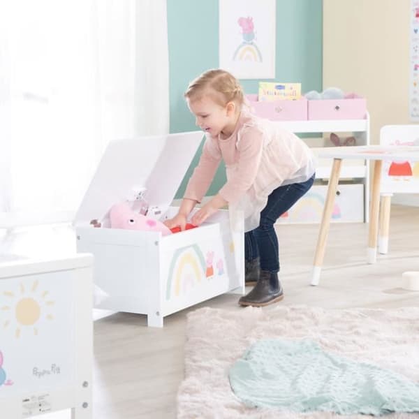 ROBA Peppa Pig Förvaringslåda i trä - Fällbart lock - Grismotiv - Rosa / Vit