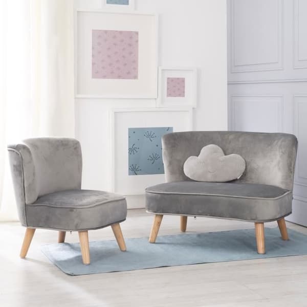 ROBA Soffgrupp och Barnfåtölj Lil Sofa + Dekorativ Kudde Moln - Set i Sammet - Silvergrå