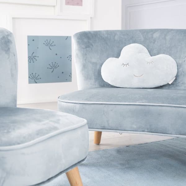 ROBA Soffa och Barnfåtölj Lil Sofa + Dekorativ Kudde Moln - Set i Sammet - Ljusblå