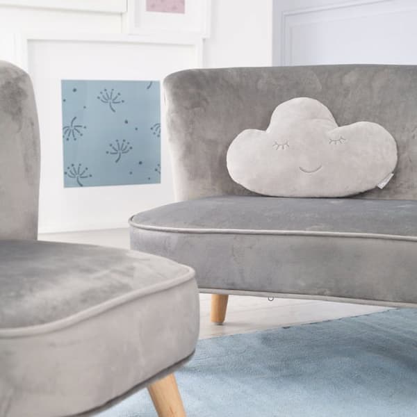 ROBA Soffgrupp och Barnfåtölj Lil Sofa + Dekorativ Kudde Moln - Set i Sammet - Silvergrå