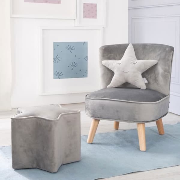 ROBA Fåtölj och Barnpuff Lil Sofa + Stjärnformad Dekorativ Kudde - Samling i Sammet - Silvergrå