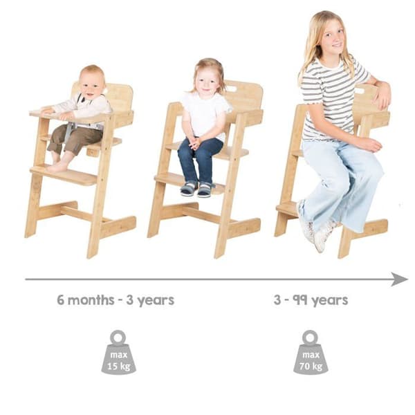 Evolutionshögt stol ROBA Nature Up i FSC® bambu - Stöder 70 kg - Matbricka ingår - Naturlig
