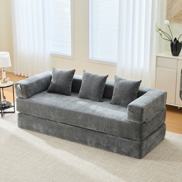WELLTIN Modulär Chenille Blocksoffa, Samtida Mörkgrå 2-sits Soffa, Konvertibel Bäddsoffa med Förvaringsfickor för Vardagsrum