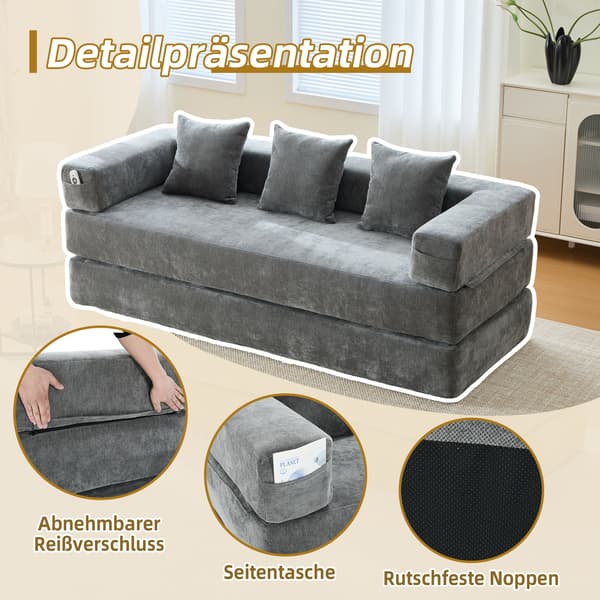 WELLTIN Modulär Chenille Blocksoffa, Samtida Mörkgrå 2-sits Soffa, Konvertibel Bäddsoffa med Förvaringsfickor för Vardagsrum