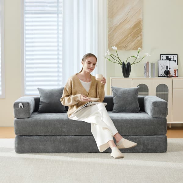 WELLTIN Modulär Chenille Blocksoffa, Samtida Mörkgrå 2-sits Soffa, Konvertibel Bäddsoffa med Förvaringsfickor för Vardagsrum