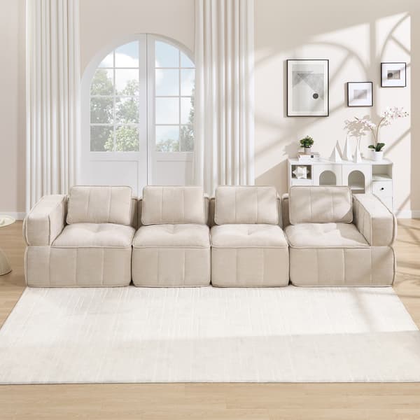 WELLTIN Extra Stor 4-sits Cloud Soffa, Ramlös Modulsoffa - Beige Polyester Vardagsrumssoffa med Halkfri Bas & Breda Armstöd, 344cm