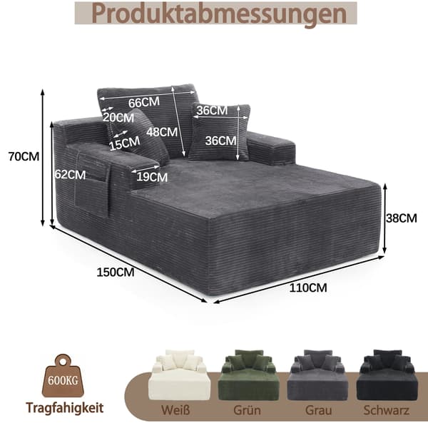 WELLTIN Mörkgrå manchester soffa, bekväm 1-sits soffa med sidofickor, ingen montering krävs enkel soffa för vardagsrum och sovrum.