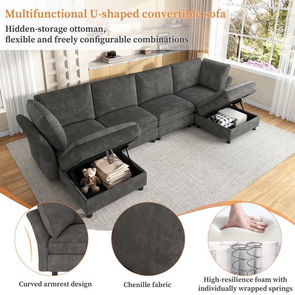 WELLTIN Modulsoffa 6-sits U-formad sektionssoffa, Grå Chenille Cloud Soffa med Dubbla Förvaringspuffar, Ergonomisk Hörnsoffa för Vardagsrum