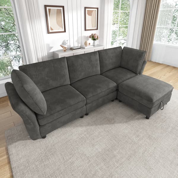 WELLTIN Modulär Soffa L-formad sektion, Grå Chenille 4-sits Soffa, Ergonomisk Förvaringspuff Molnsoffa för Familjens Vardagsrum & Sovrum