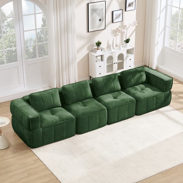 WELLTIN Extra Stor 4-sitsig Modulsoffa, Premium Ramlös Molnsoffa, Ingen Montering Grön Polyester Vardagsrumssoffa för Hemavkoppling