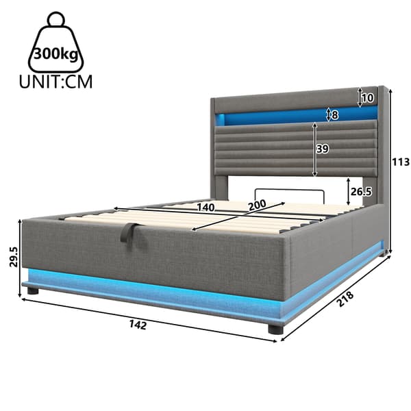 WELLTIN 140x200cm Vadderad Sängram, Premium Grå Linne Sängram & Hydraulisk Lyftförvaringssäng, Smart LED-belysning för Moderna Sovrum