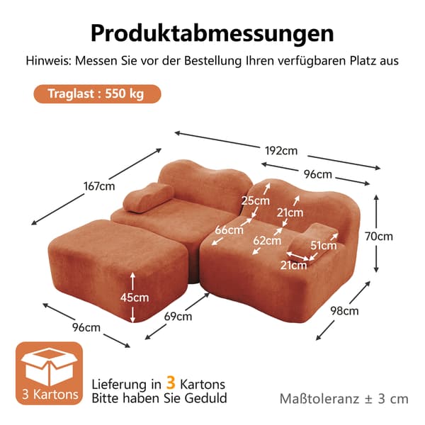 WELLTIN Orange Sammet Modulsoffa, 2-sits L-formad Soffa, Ramlös Soffa med Ottoman & Flyttbart Armstöd för Vardagsrum, Ingen Montering Krävs