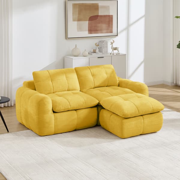 WELLTIN 2-sits L-formad modulsoffa, rutmönstrad gul chenille-soffa, ramfri soffa utan montering med ottoman för vardagsrummet