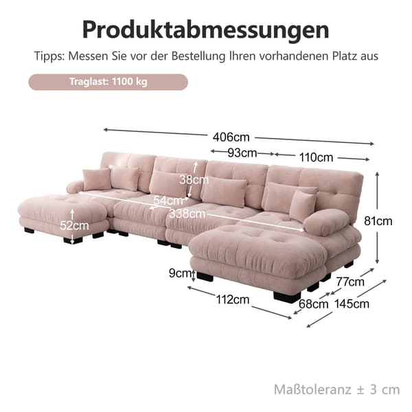 WELLTIN Modulär U-formad sektionssoffa, vacker rosa chenille \"molnsoffa\", mångsidig 4-sitssoffa med flyttbar ottoman för vardagsrummet