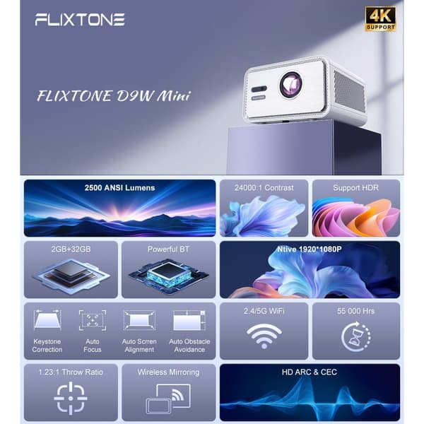 Flixtone D9W Mini Projektor, 1080P, Android 14.0