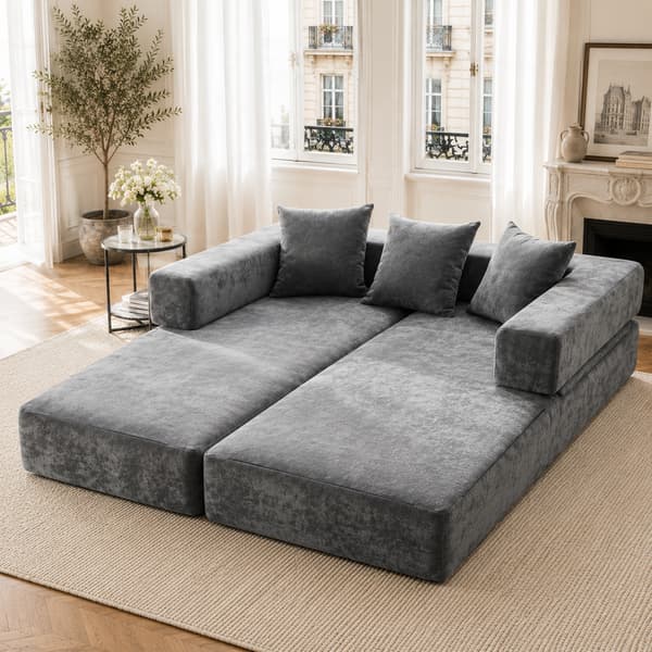 WELLTIN Modulär Chenille Blocksoffa, Samtida Mörkgrå 2-sits Soffa, Konvertibel Bäddsoffa med Förvaringsfickor för Vardagsrum
