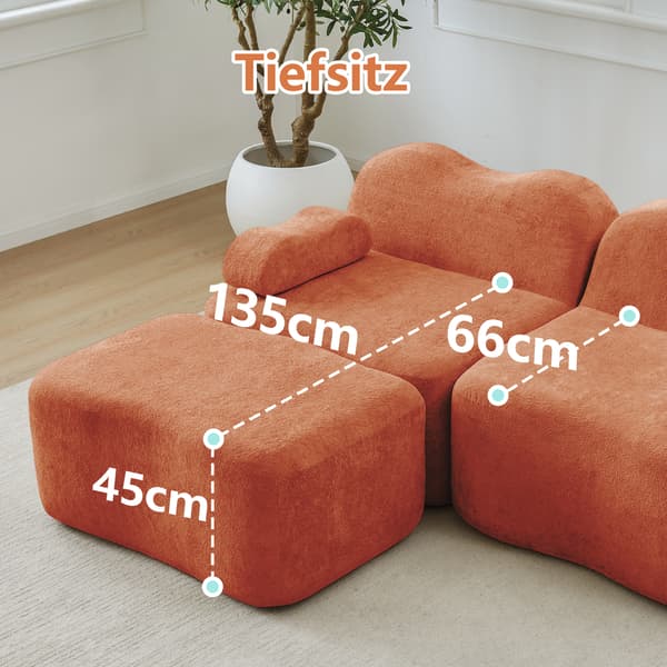 WELLTIN Orange Sammet Modulsoffa, 2-sits L-formad Soffa, Ramlös Soffa med Ottoman & Flyttbart Armstöd för Vardagsrum, Ingen Montering Krävs