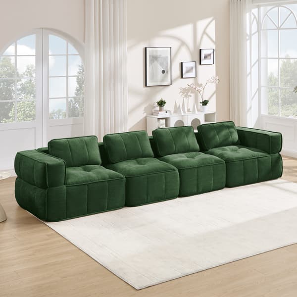 WELLTIN Extra Stor 4-sitsig Modulsoffa, Premium Ramlös Molnsoffa, Ingen Montering Grön Polyester Vardagsrumssoffa för Hemavkoppling