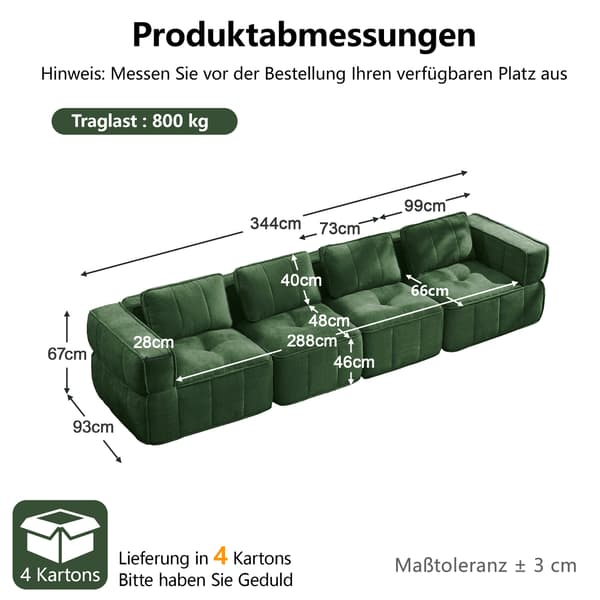 WELLTIN Extra Stor 4-sitsig Modulsoffa, Premium Ramlös Molnsoffa, Ingen Montering Grön Polyester Vardagsrumssoffa för Hemavkoppling