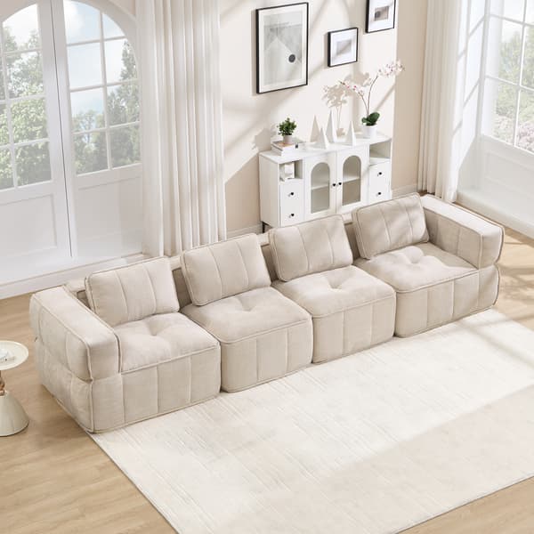 WELLTIN Extra Stor 4-sits Cloud Soffa, Ramlös Modulsoffa - Beige Polyester Vardagsrumssoffa med Halkfri Bas & Breda Armstöd, 344cm