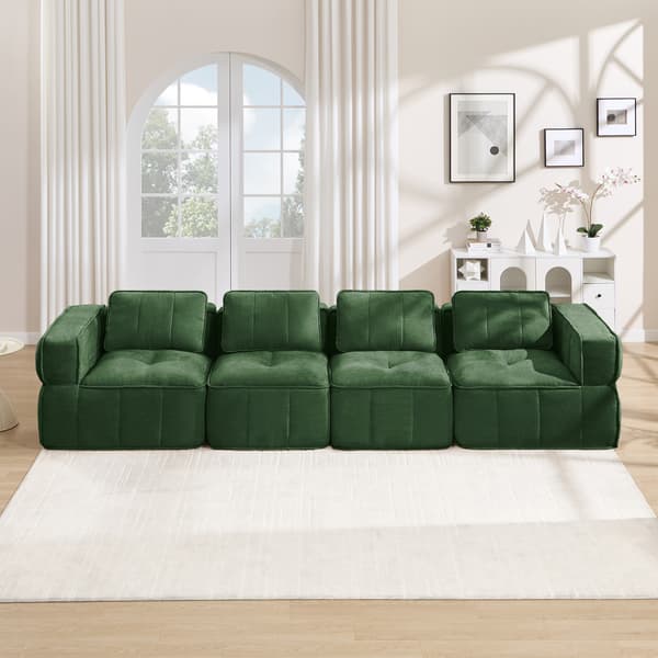 WELLTIN Extra Stor 4-sitsig Modulsoffa, Premium Ramlös Molnsoffa, Ingen Montering Grön Polyester Vardagsrumssoffa för Hemavkoppling