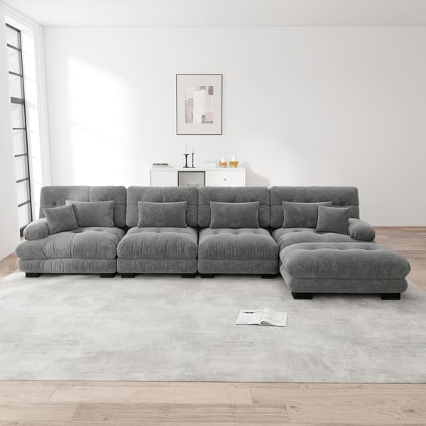 WELLTIN Modulär hörnsoffa, elegant grå chenille L-formad soffa, anpassningsbar 4-sitsig molnsoffa för avkoppling i moderna vardagsrum