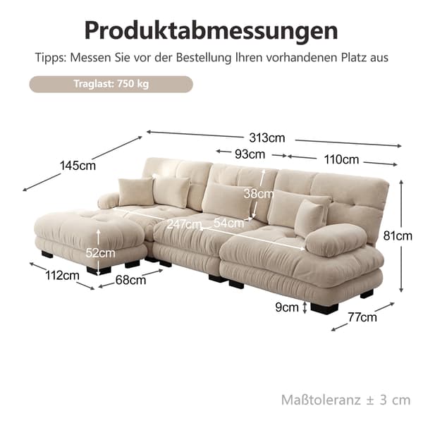WELLTIN Oversized L-formet skysofa, lys kaffe modulær hjørnesofa med puf, dyb siddeplads afslappende møbler til moderne stue