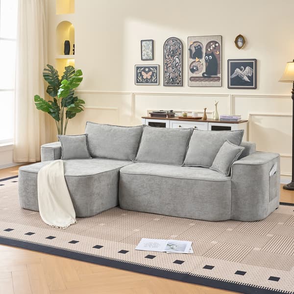WELLTIN Grå Chenille L-formad Soffa, Modulär Sektion med Divan, Extra Djup Molnsoffa med Sidofickor för Vardagsrum & Lounge