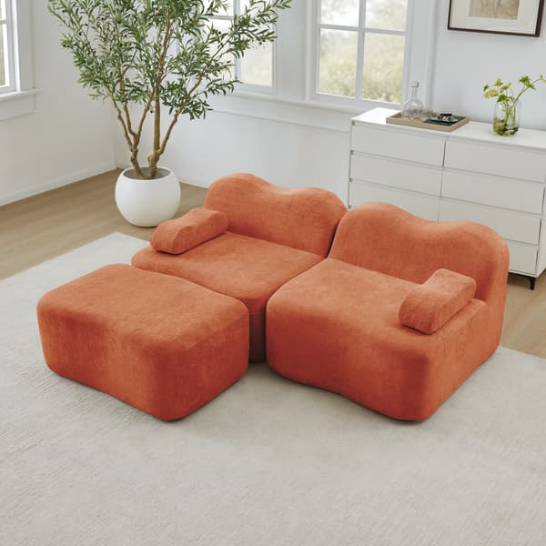 WELLTIN Orange Sammet Modulsoffa, 2-sits L-formad Soffa, Ramlös Soffa med Ottoman & Flyttbart Armstöd för Vardagsrum, Ingen Montering Krävs