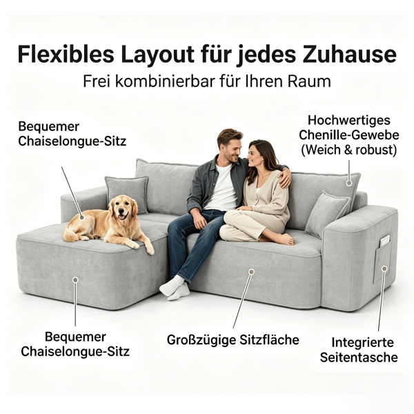 WELLTIN Grå Chenille L-formad Soffa, Modulär Sektion med Divan, Extra Djup Molnsoffa med Sidofickor för Vardagsrum & Lounge