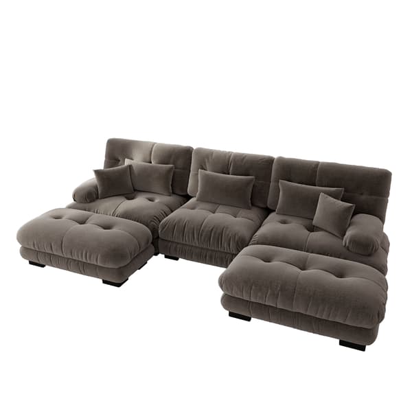 WELLTIN Brun Chenille Modulsofa, Overdimensioneret U-formet Cloud Sofa, Dyb Sæde Konvertibel Sofa med Flytbare Ottomaner til Stor Stue