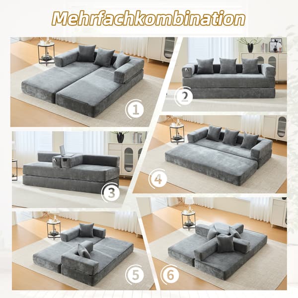 WELLTIN Modulär Chenille Blocksoffa, Samtida Mörkgrå 2-sits Soffa, Konvertibel Bäddsoffa med Förvaringsfickor för Vardagsrum
