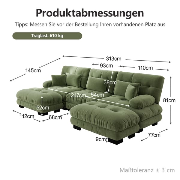 WELLTIN Grön Chenille Modulsoffa - Överdimensionerad U-formad Molnsoffa, Djup Bäddsoffa med Flyttbara Ottomaner för Vardagsrum