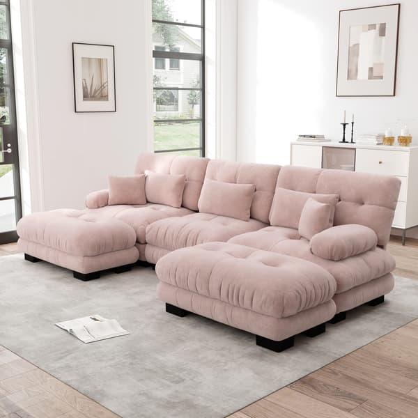 WELLTIN Rosa chenille modulsoffa, överdimensionerad U-formad molnsoffa med ottomaner, djup sittplats bäddsoffa för modernt vardagsrum