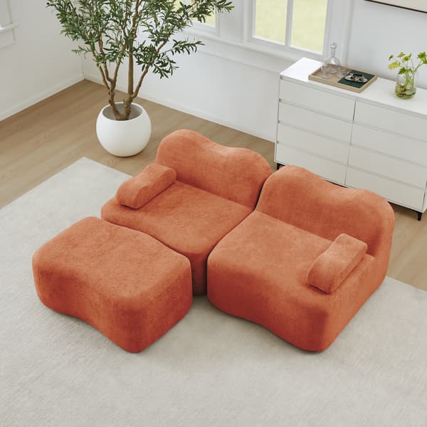 WELLTIN Orange Sammet Modulsoffa, 2-sits L-formad Soffa, Ramlös Soffa med Ottoman & Flyttbart Armstöd för Vardagsrum, Ingen Montering Krävs