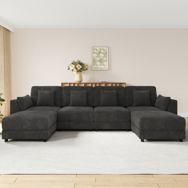 WELLTIN Modulsofa Grå Chenille U-formet sektionssofa med LED-belysning, foldbart armlænsbord og 2 flytbare ottomaner til stuen